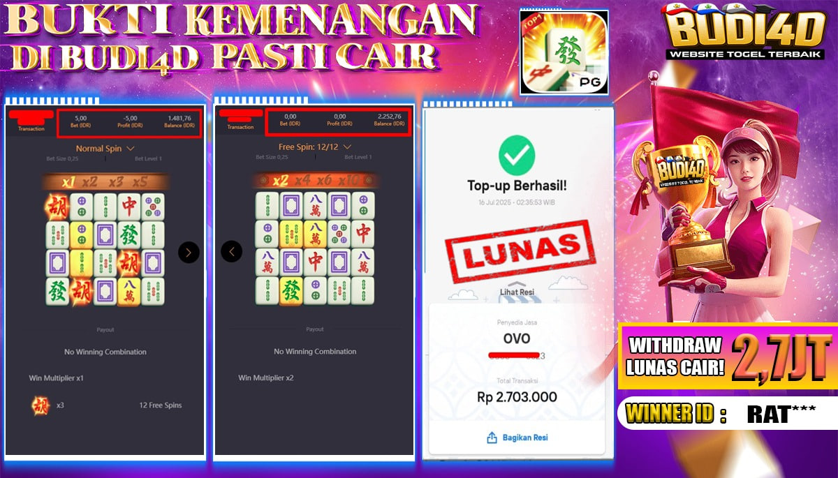 BUDI4D JACKPOT USERID: RAT**** PERMAINAN SLOT PGSOFT MAHJONG WAYS Rp.2.703.000,- LUNAS