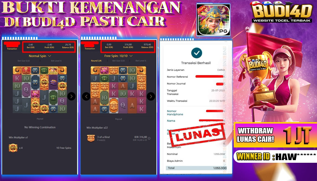 BUDI4D JACKPOT USERID : HAW*** SLOT PGSOFT TREASURES OF AZTEC Rp.1.055.000,- LUNAS